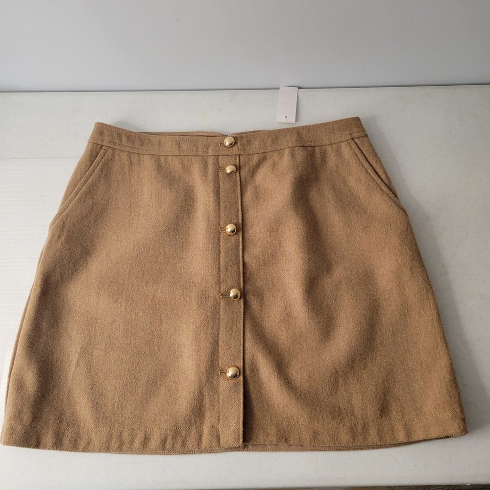LOFT Womens 12 Camel Wool Blend Mini Skirt Gold Button Pockets NWT Career Work
